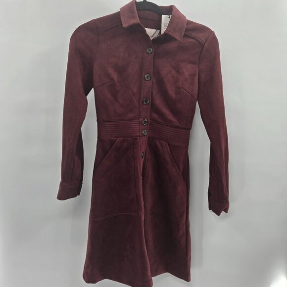 A Loves A Red Merlot Faux Suede Button Front Long Sleeved Dress XS - Picture 3 of 11